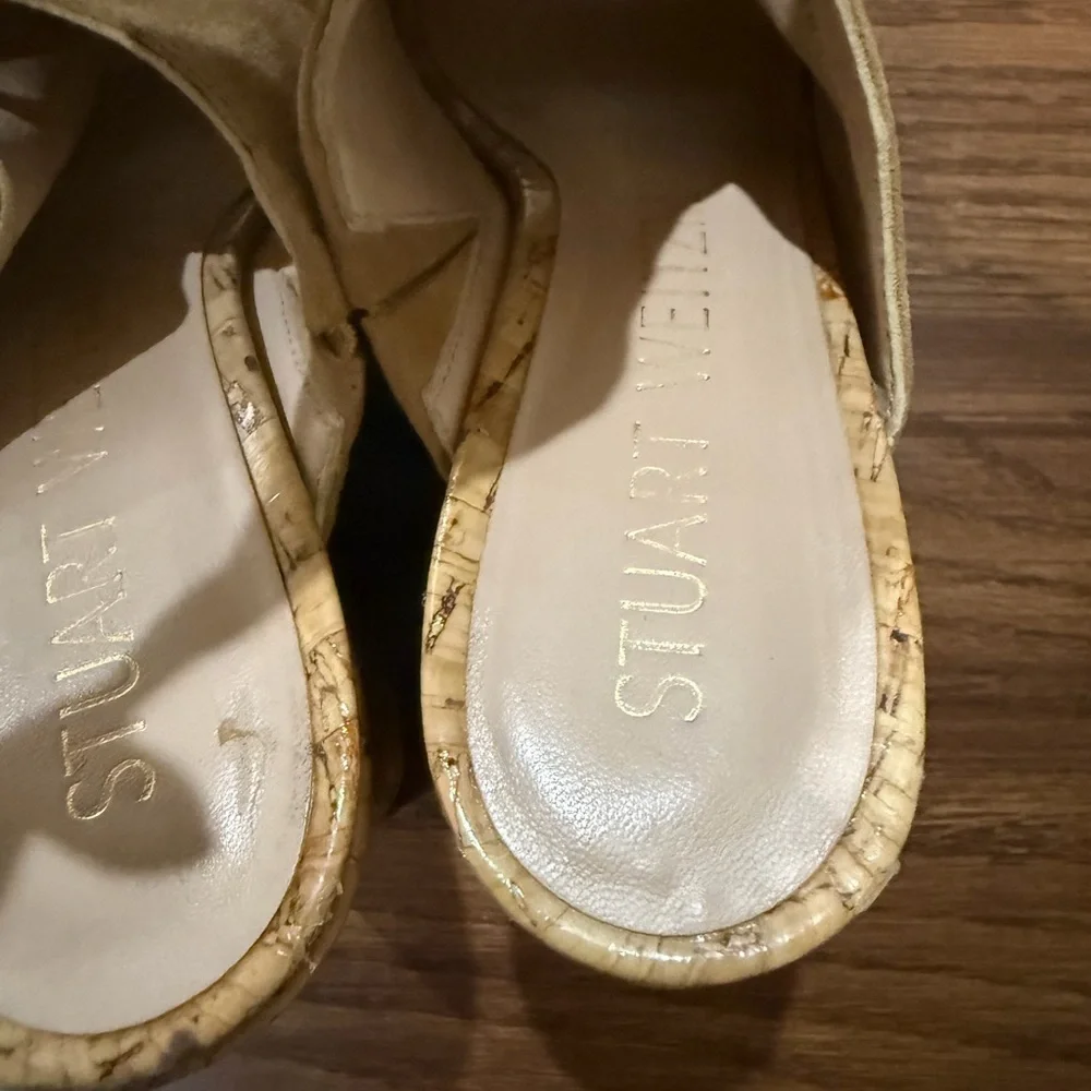 Stuart Weitzman Beige Suede Fold-Over Open-Toe Wedge Slides - Picture 6 of 6